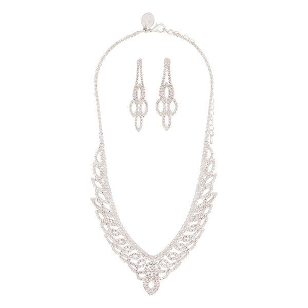 Silver Diamante Cup Chain Drop Earrings Necklace Set