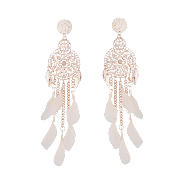 Rose Gold Pink Filigree Cascade Feather Earrings