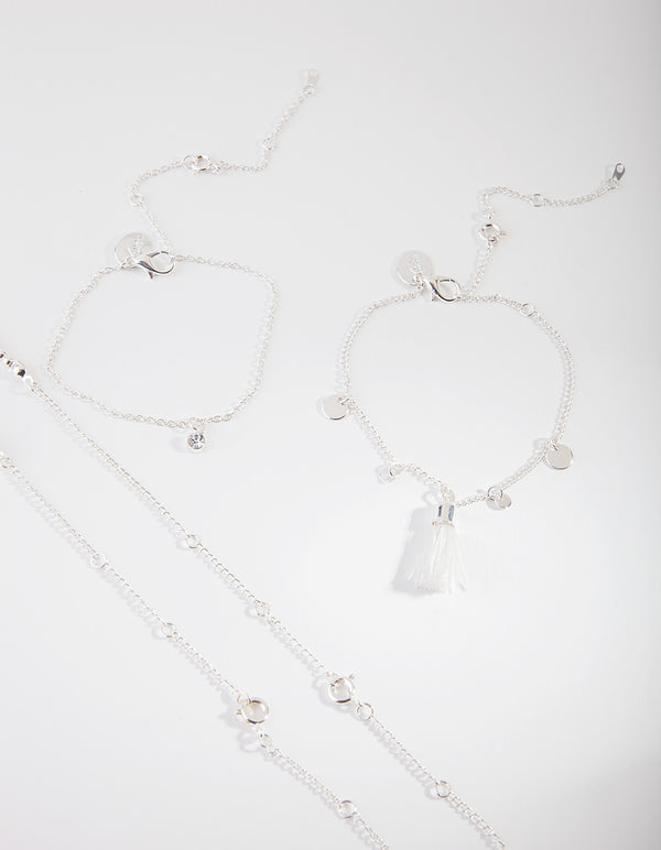 Silver Crystal Tassel Bracelet & Anklet Set