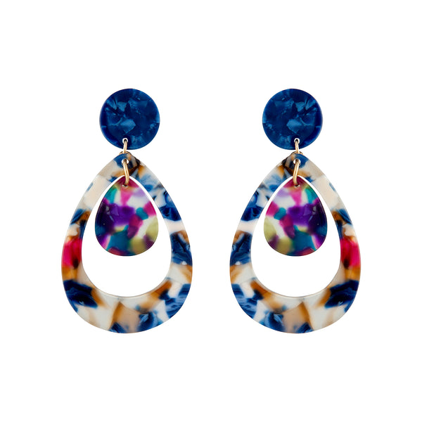 Double Teardrop Acrylic Earrings in Blue Multi
