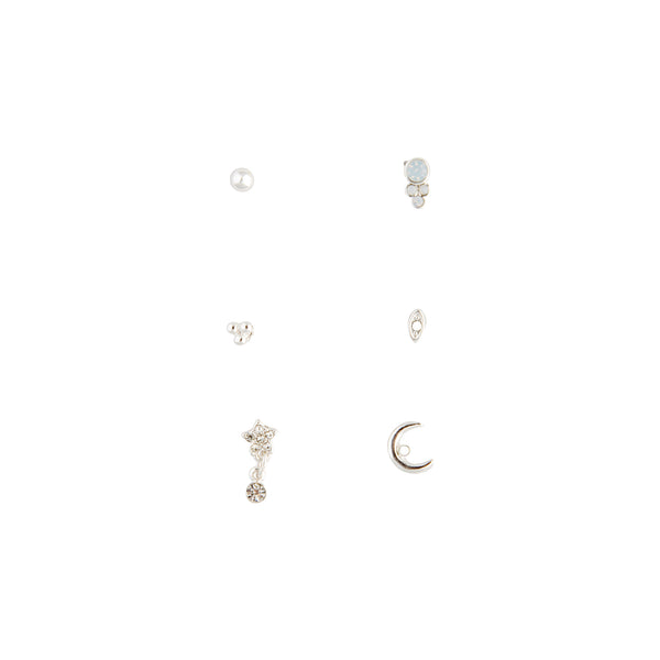 Silver Synthetic Opal Moon Stud Earring Pack