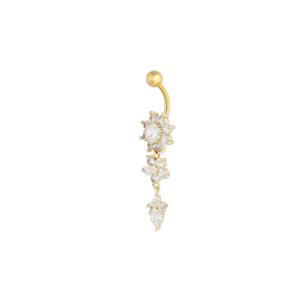 Gold Surgical Steel Cubic Zirconia Three Flower Belly Bar