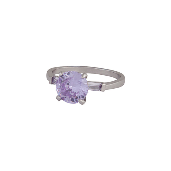 Rhodium Round Stone Purple Cubic Zirconia Ring