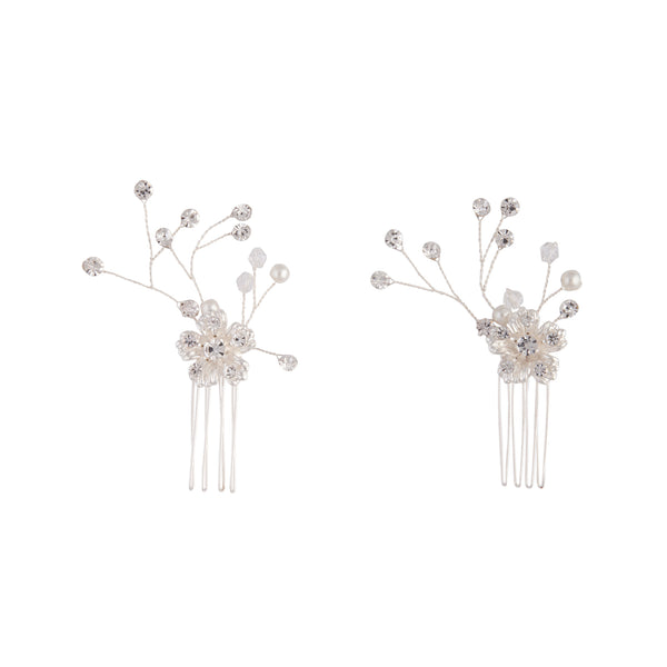 Silver Diamante Floral Comb Duo