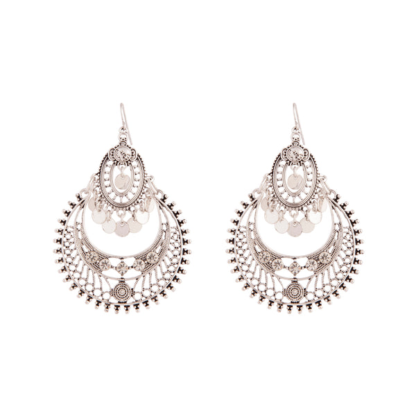 Etched Antique Silver Disc Drop Chandbali Earrings
