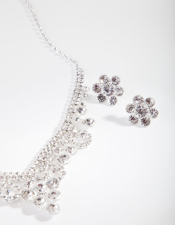 Silver Diamante Floral Jewellery Set