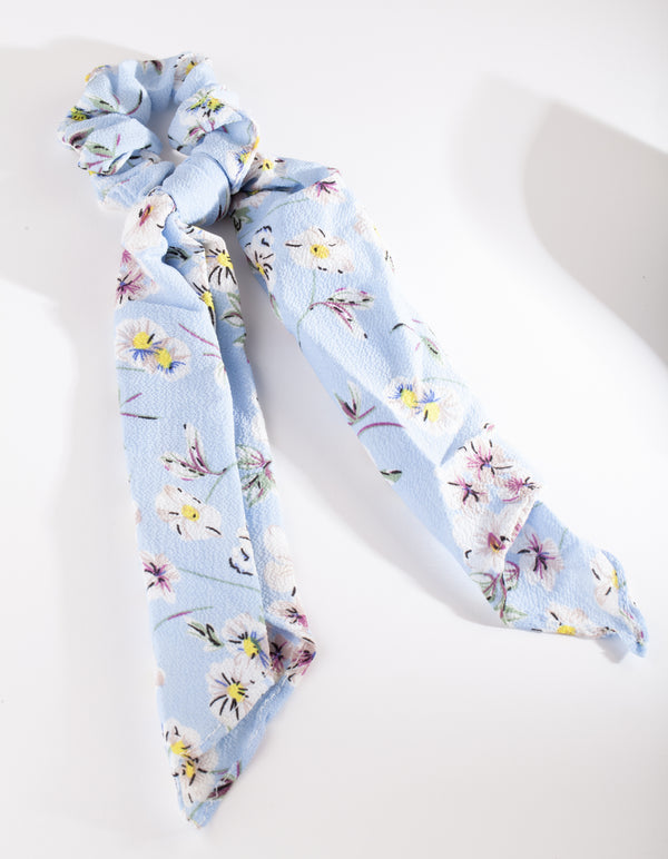 Blue Floral Long Scarf Scrunchie
