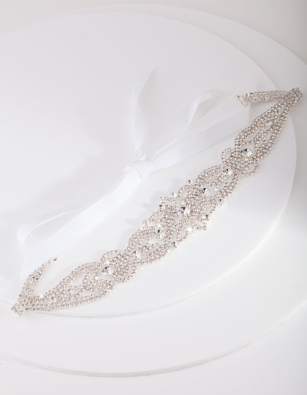 Diamante Silver White Sash Headband