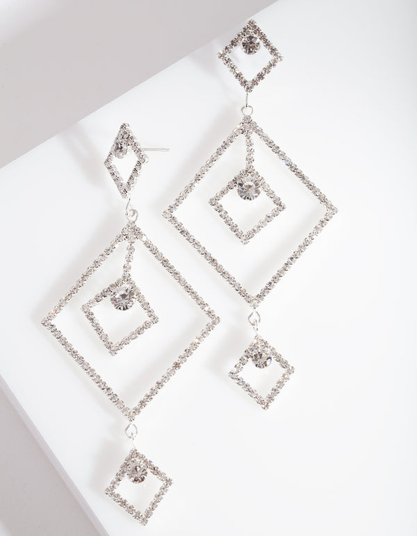 Silver Diamante Geometric Drop Earrings