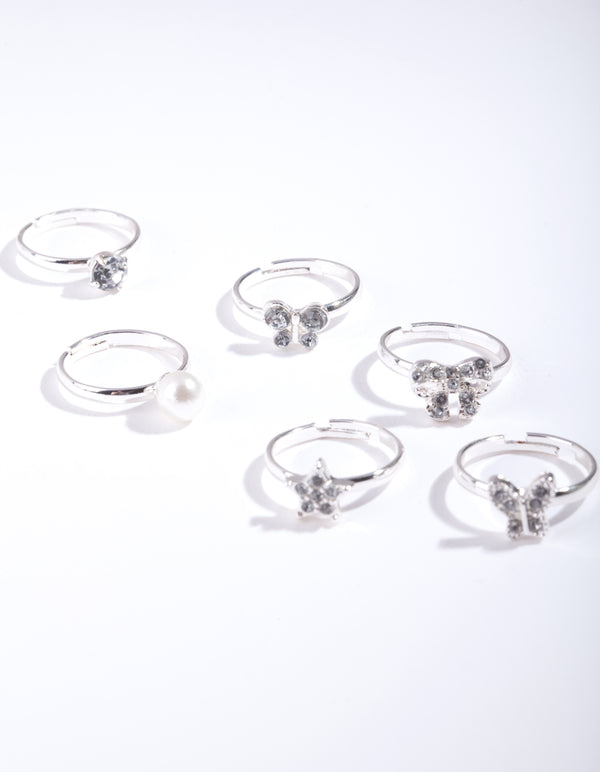 Kids Diamante Pearl Ring 6-Pack