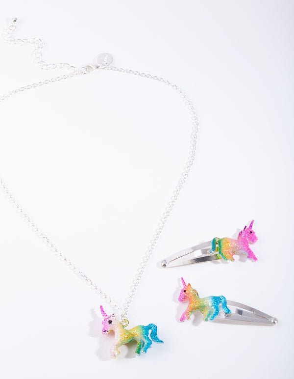 Kids Silver Unicorn Clip Necklace Set