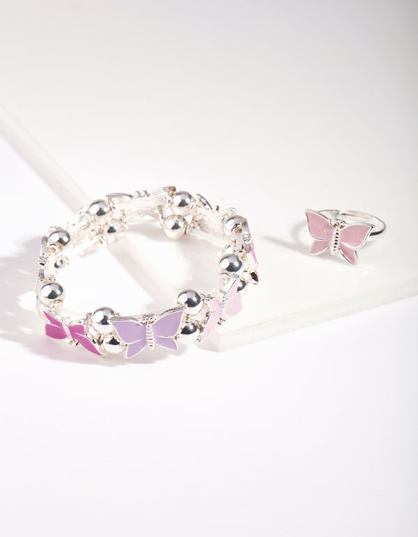 Kids Silver Enamel Butterfly Stretch Bracelet & Ring Set