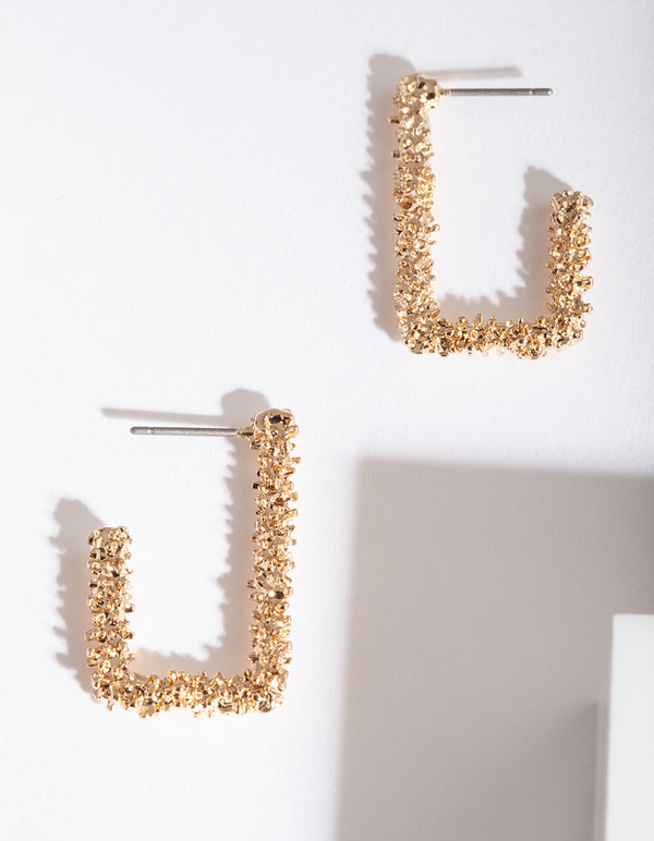 Gold Textured Rectangle Hoop Earrings