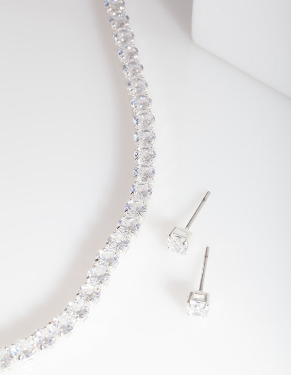 Silver Cubic Zirconia Earrings & Tennis Necklace Set