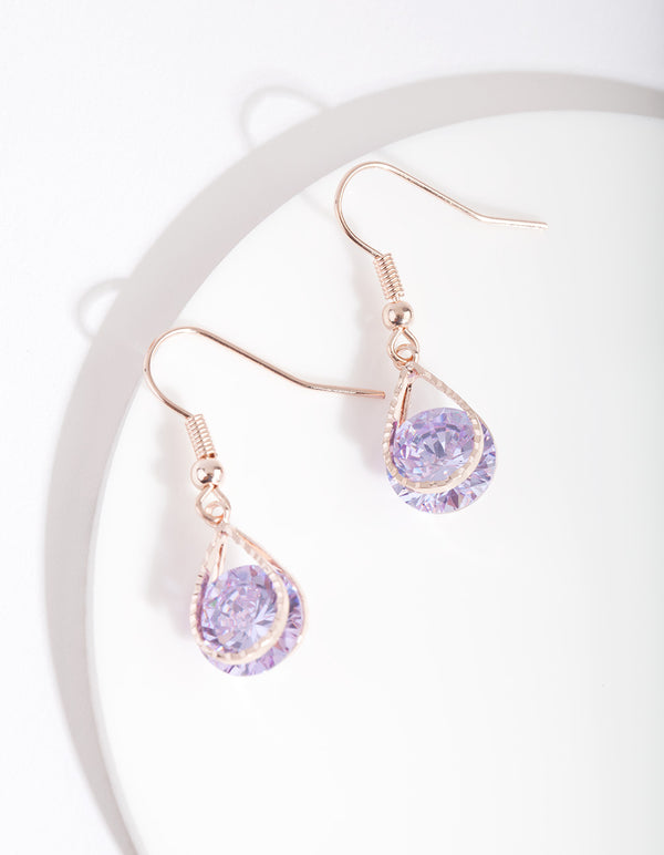 Rose Gold Cubic Zirconia Purple Diamante Teardrop Earrings