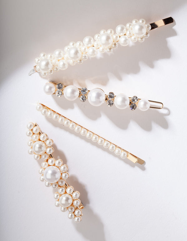 Gold Multi Pearl Diamante Hair Clip 4-Pack