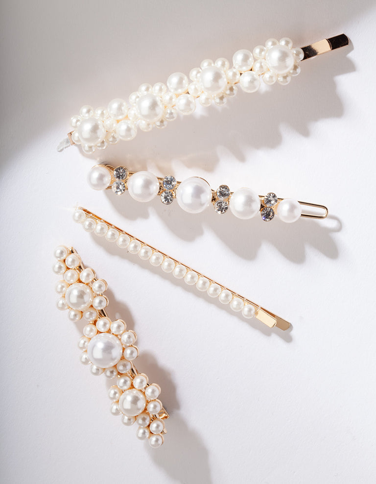 Gold Multi Pearl Diamante Hair Clip 4-Pack - Lovisa
