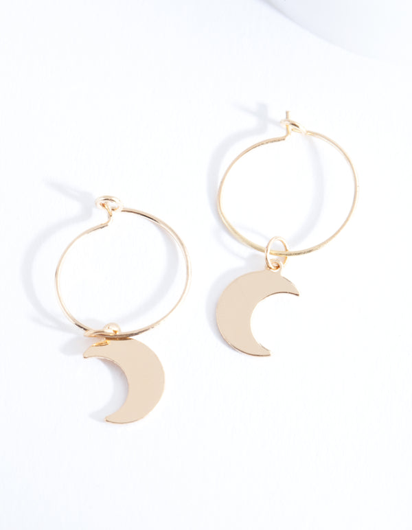 Gold Moon Charm Hoop Earrings