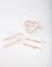 Kids Gold Heart Pearl Mix Hair Clip Pack - link has visual effect only