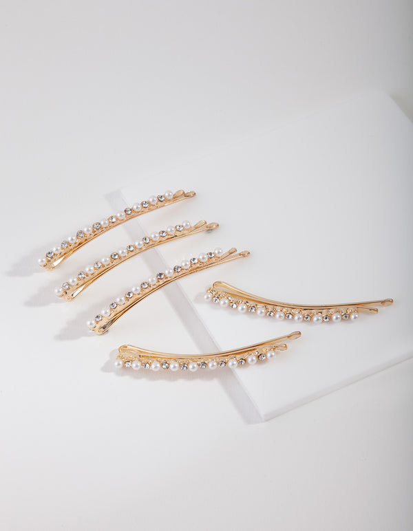 Gold Pearl & Diamante Hair Pin 5-Pack