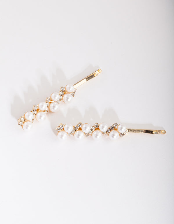 Gold Pearl Crystal Hair Slide
