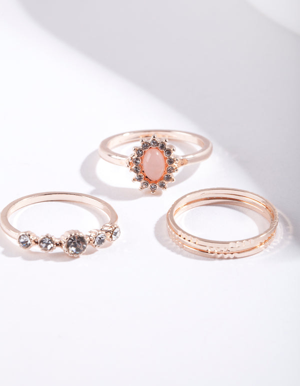 Rose Gold Stone Diamante 5-Pack Ring Stack