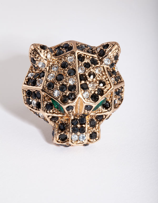 Antique Gold Green Diamante Leopard Ring