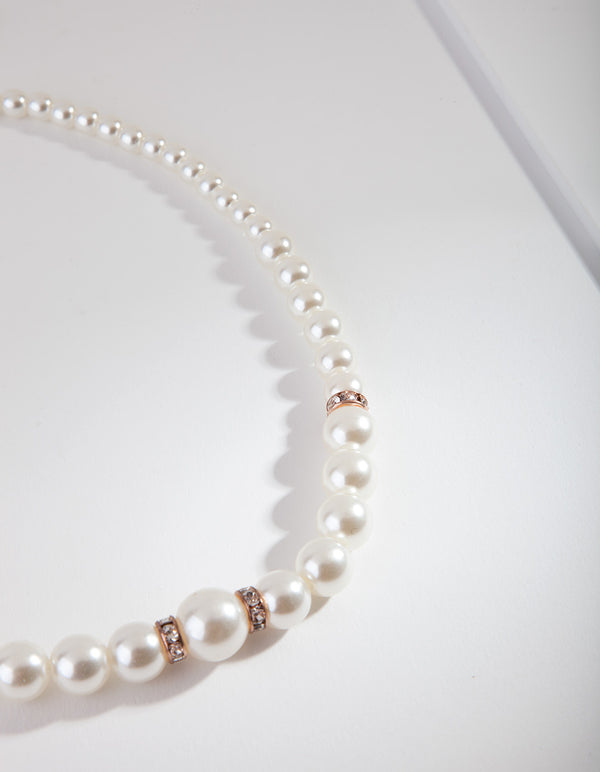Rose Gold Diamante Disc Pearl Necklace