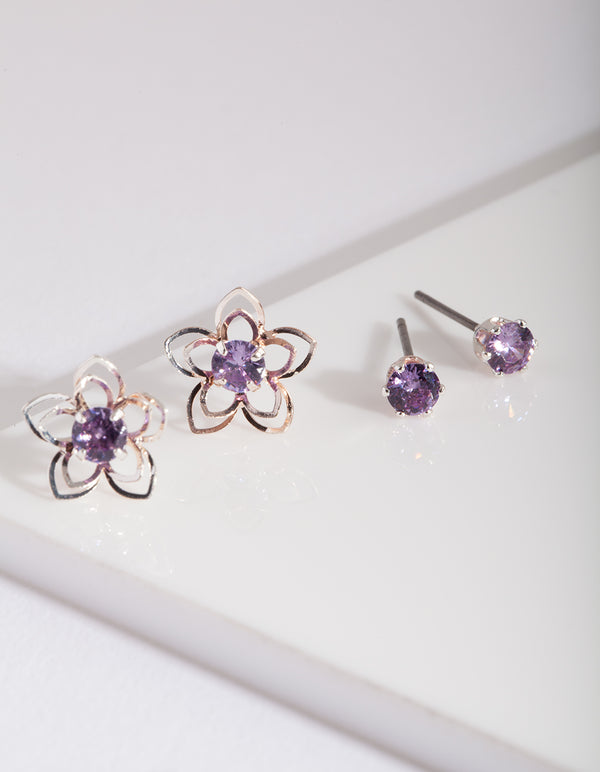 Purple Cubic Zirconia Flower Stud Earring Pack