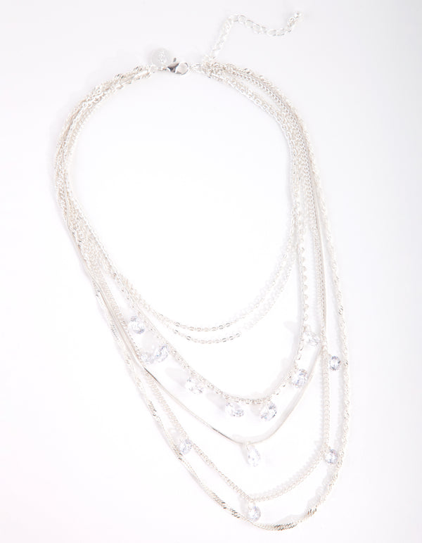 Cubic Zirconia Silver Multi Chain Necklace