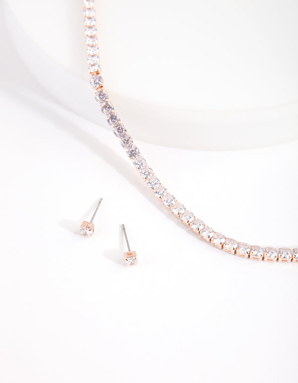 Cubic Zirconia Rose Gold Cupchain Necklace & Earrings Set