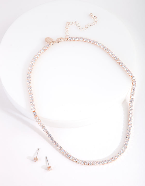 Cubic Zirconia Rose Gold Cupchain Necklace & Earrings Set