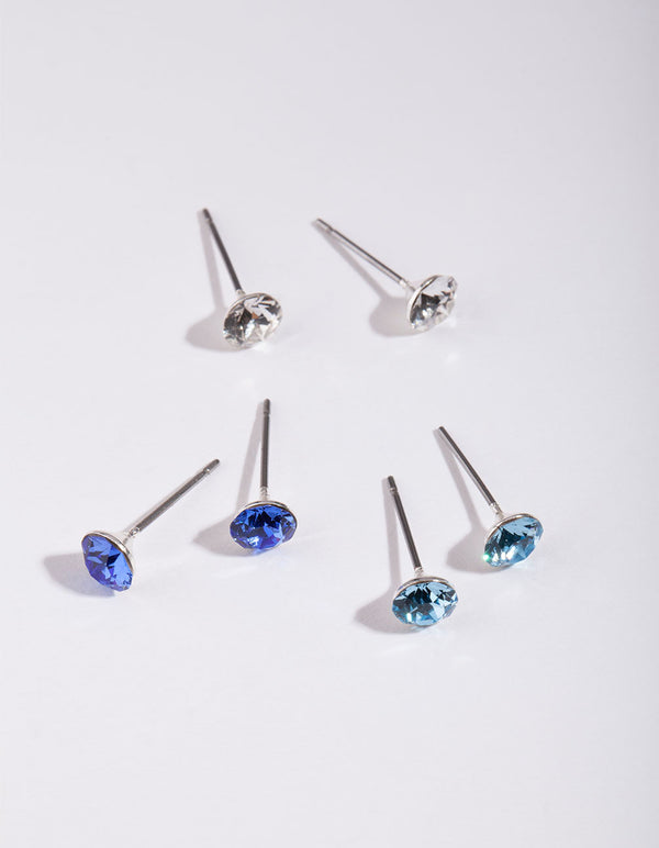 Silver Diamond Simulant Mixed Blue Stud Earring Pack