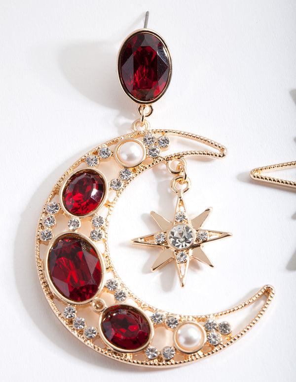 Red Star & Moon Drop Earrings