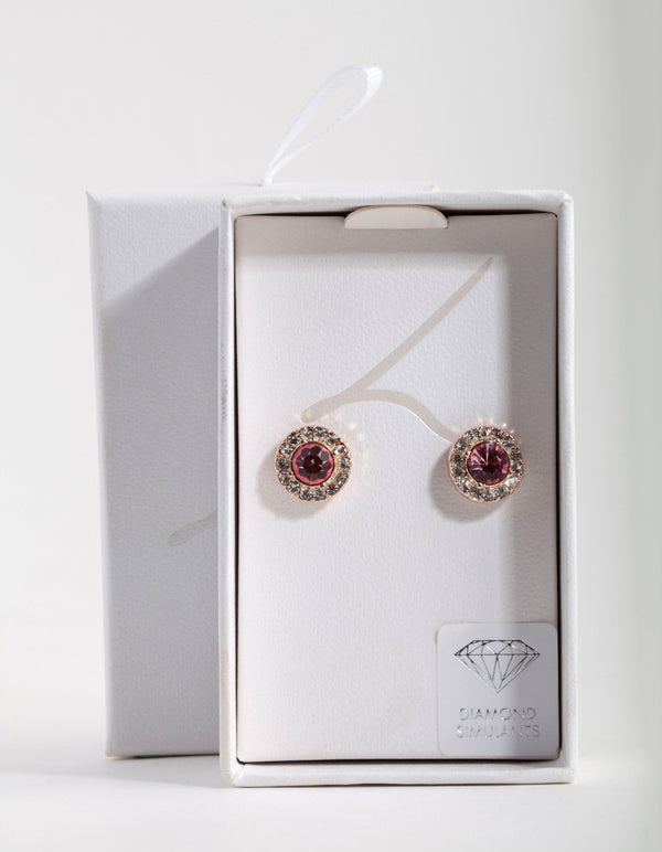 Silver Diamond Simulant Pink Halo Stud Earrings
