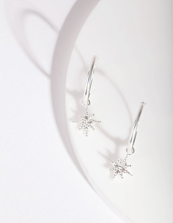 Sterling Silver Diamante Star Charm Hoop Earrings