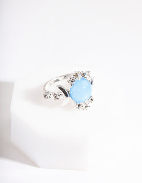 Silver Vanilla Synthetic Opal Moon Diamante Ring