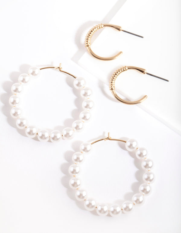 Gold Textured Pearl Hoop Earring Pack