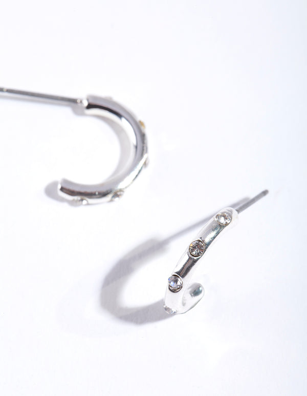 Silver Simple Diamante Half Hoop Earrings