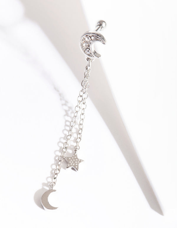 Rhodium Surgical Steel Celestial Chain Drop Barbell Earrings