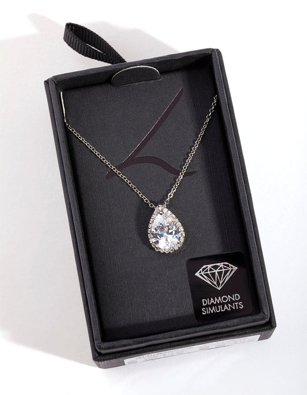 Diamond Simulants Silver Cubic Zirconia Pear Halo Necklace