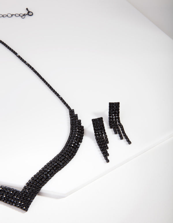 Black Diamante Earrings & Necklace Set