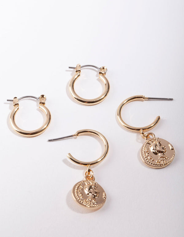 Shiny Gold Coin Charm Hoop Earring Pack