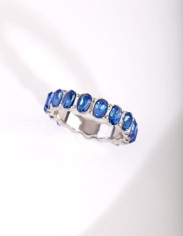 Rhodium Blue Oval Diamante Ring