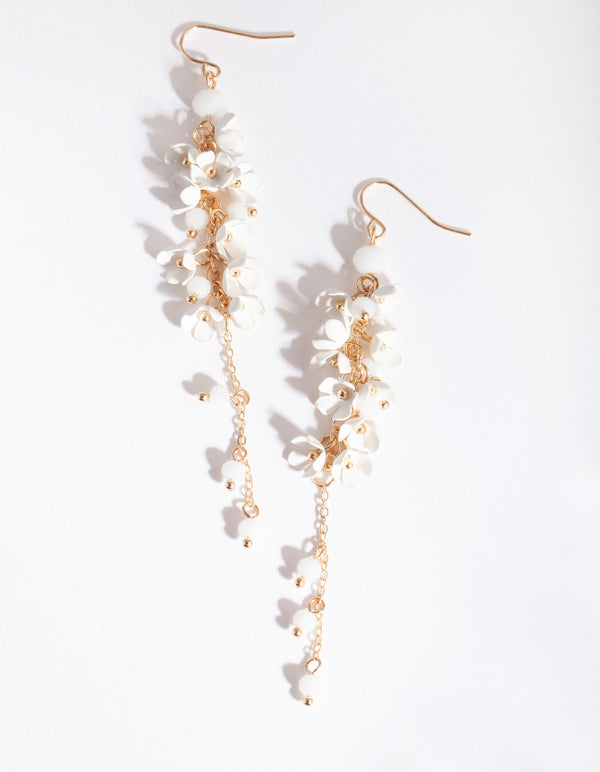 Gold White Flower Cluster Drop Earrings
