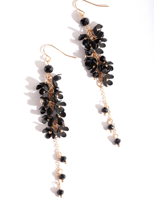 Gold Black Flower Cluster Drop Earrings