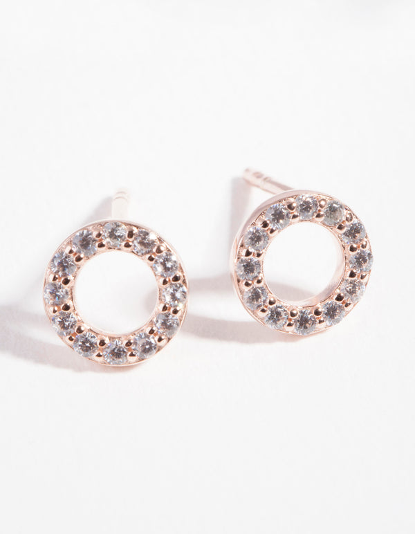 Rose Gold Plated Sterling Silver Pave Open Circle Stud Earrings