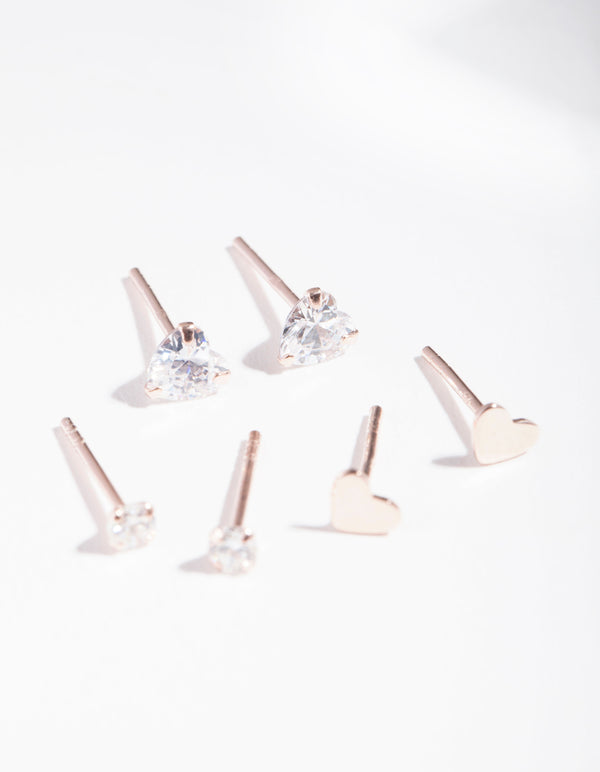 Rose Gold Plated Sterling Silver Cubic Zirconia Heart Stud Earring Pack
