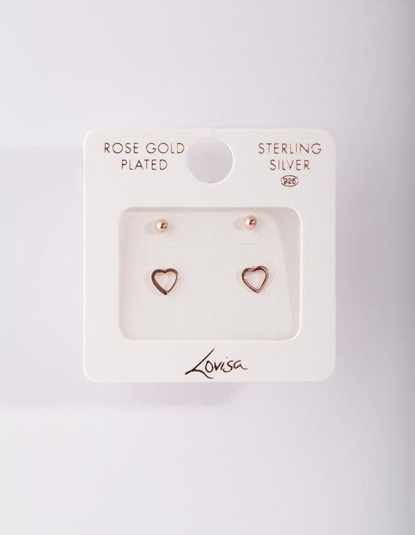 Rose Gold Plated Sterling Silver Ball & Heart Stud Earring Pack
