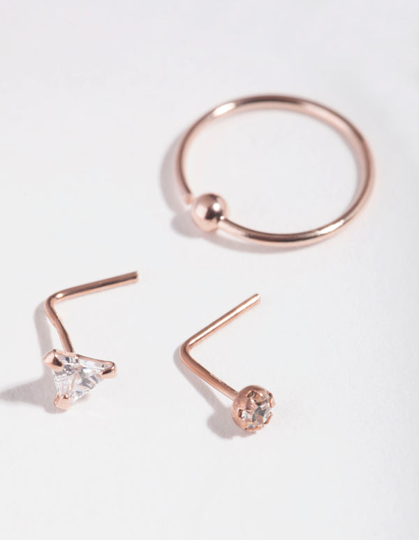 Rose Gold Plated Sterling Silver Cubic Zirconia Triangle Nose Piercing Pack